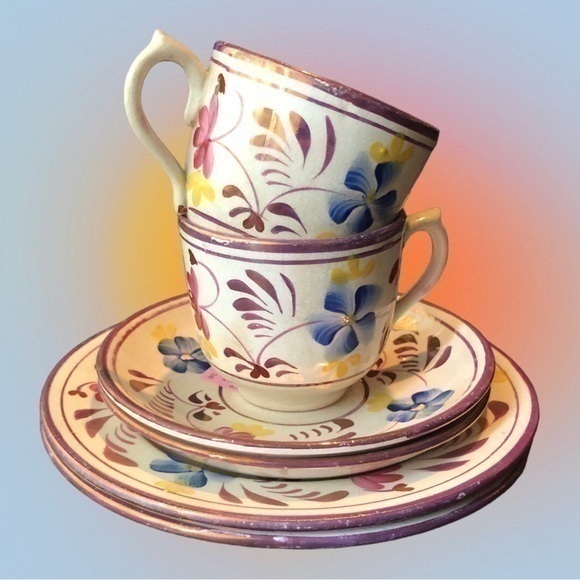 Antique Japan Lusterware Pink Teacups Saucers Set 1800s - Picture 1 of 14